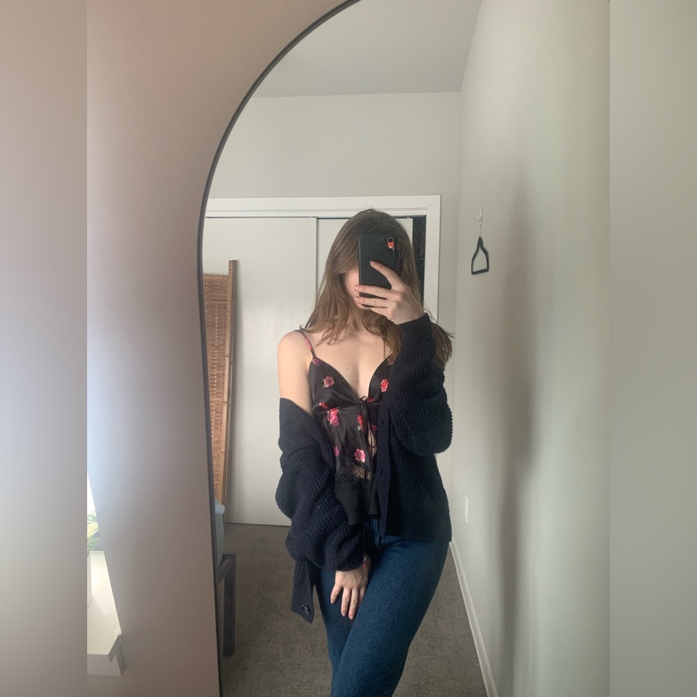 Satin black floral Victoria’s Secret babydoll tie front top